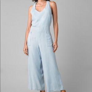 Prana Women's Sz S Vintage Blue Chambray Open Back Wide Leg Bahia Jumpsuit